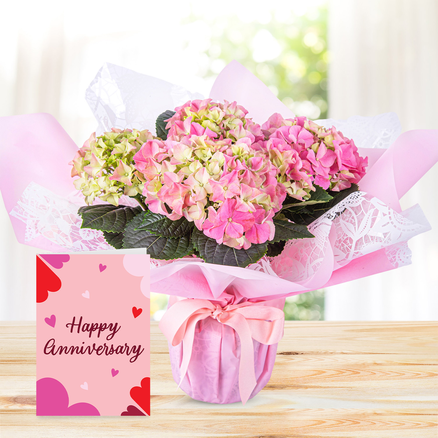 Hydrangea Haven with Happy Anniversary Card