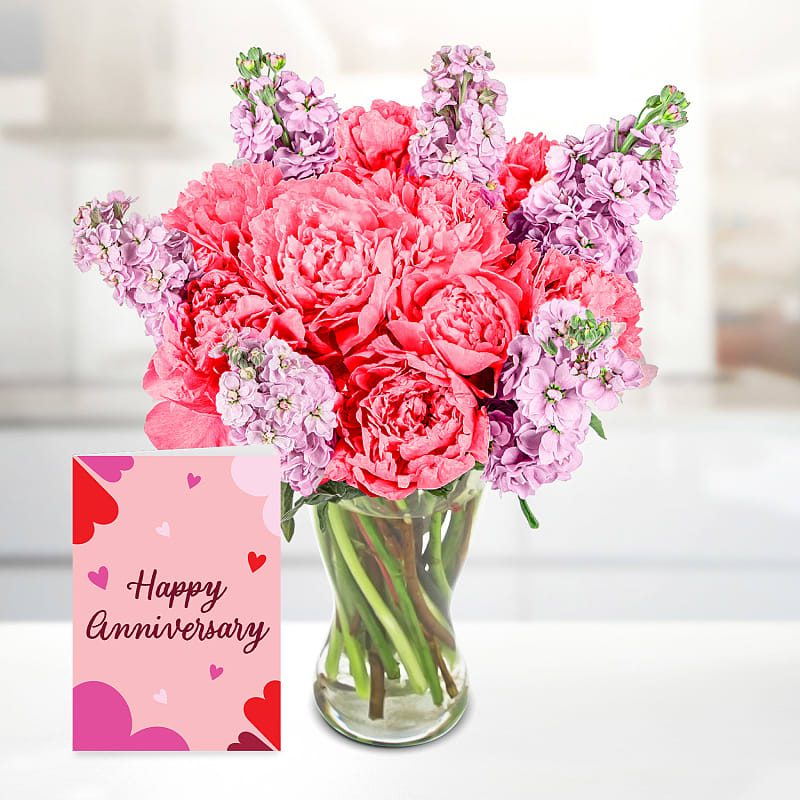 Peony Blossom with Happy Anniversary Card