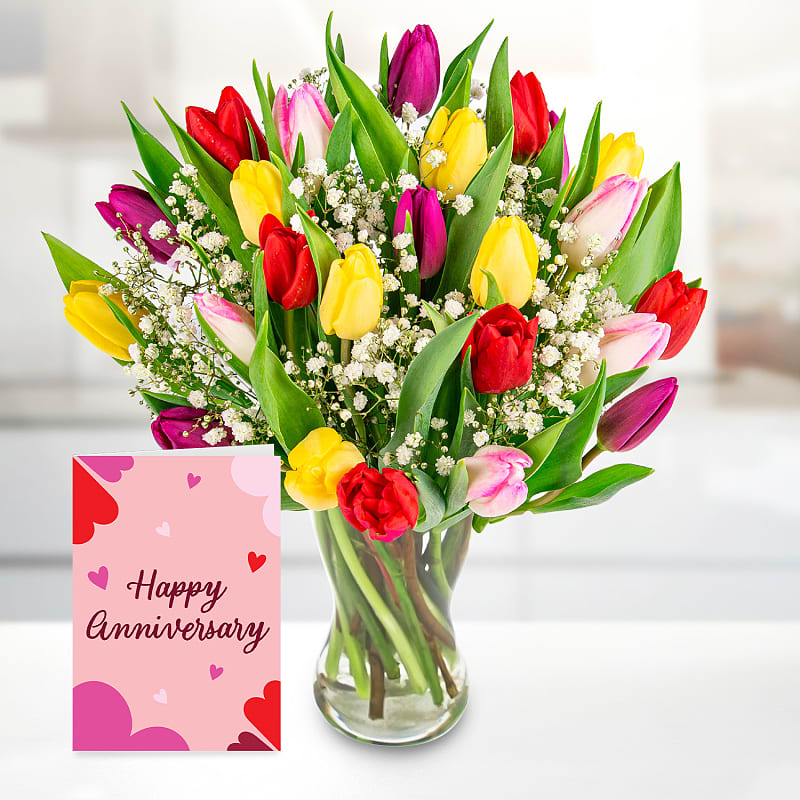 Bold Tulips with Happy Anniversary Card